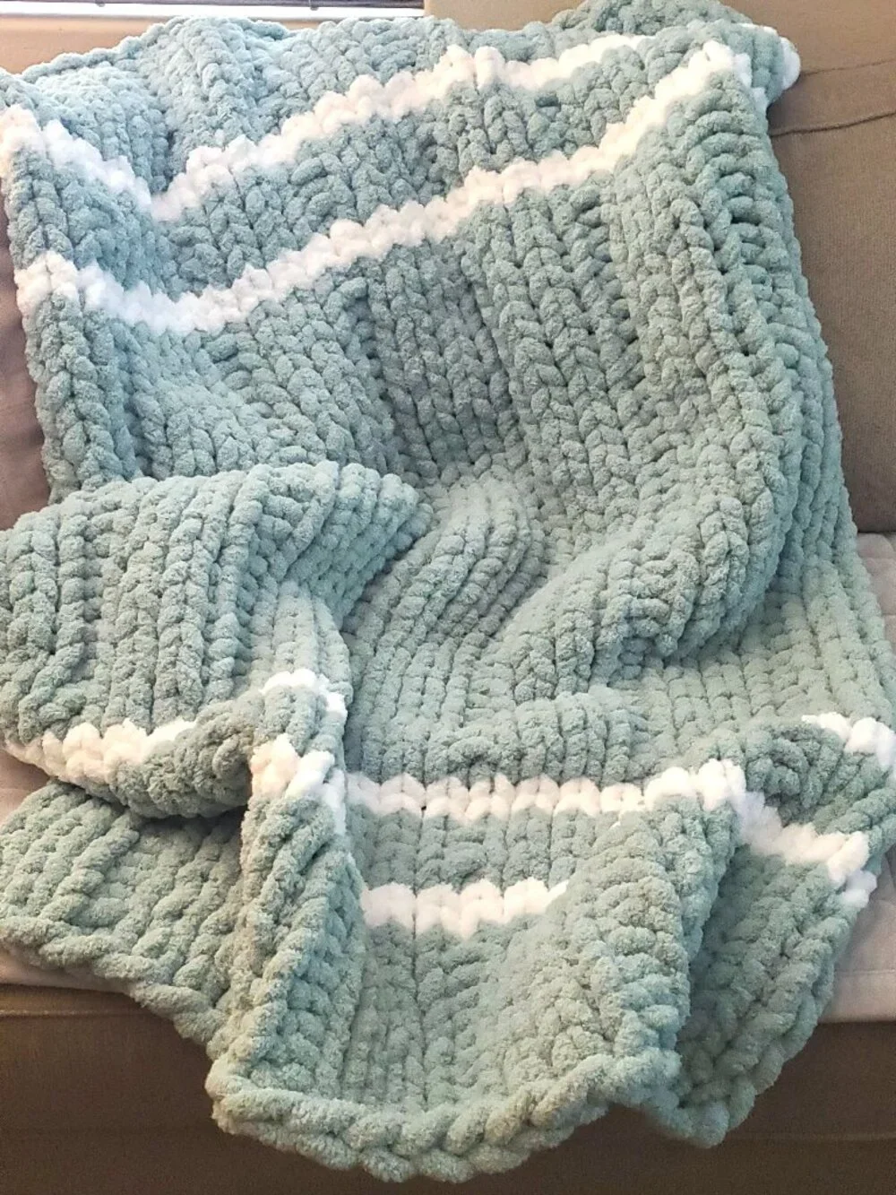 Handmade Spa Blue/Green Chunky Knit Chenille Throw Blanket 60x40, Soft Cozy Home